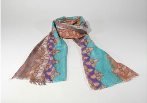 Teal and Light Brown Viscose Scarf Hand Print
