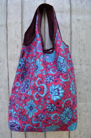 Canvas Shoulder Bag Burgundy and Turquoise Flowers