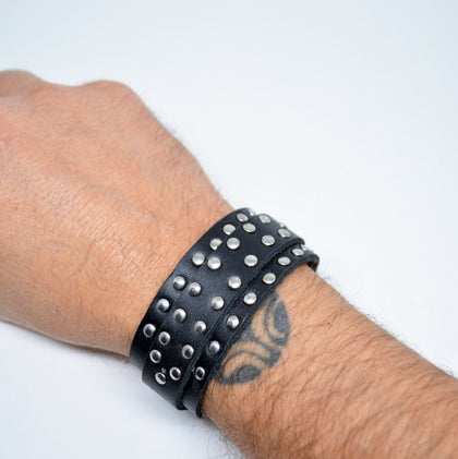 Men's Leather Studded Bracelet Black-edocollection