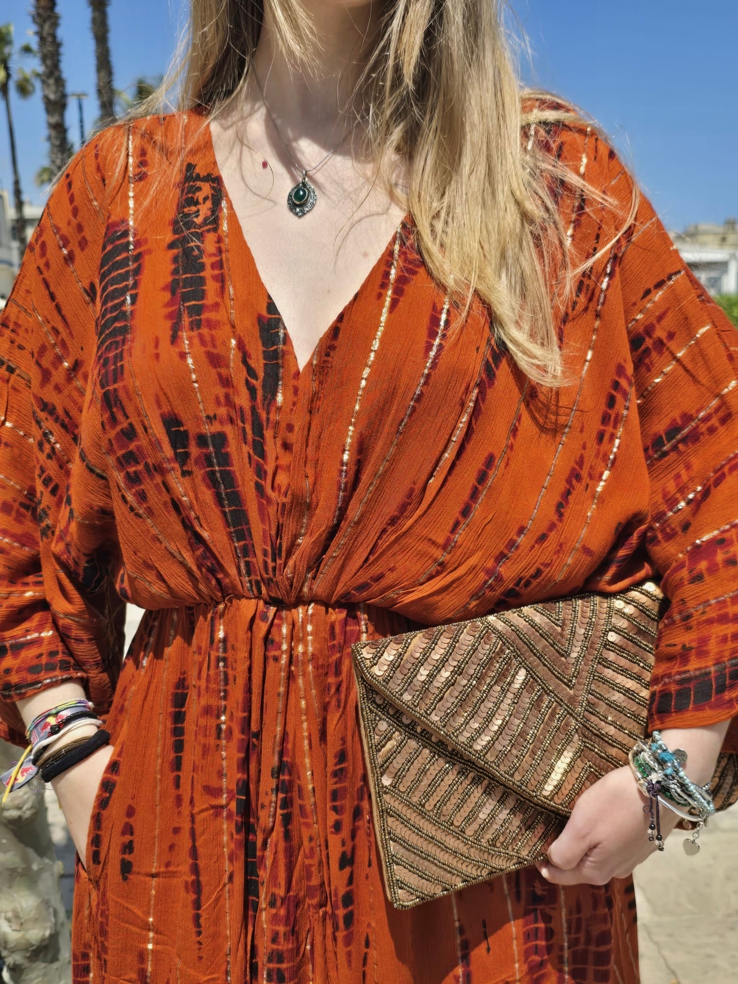 Kimono Long Dress Rust Gold