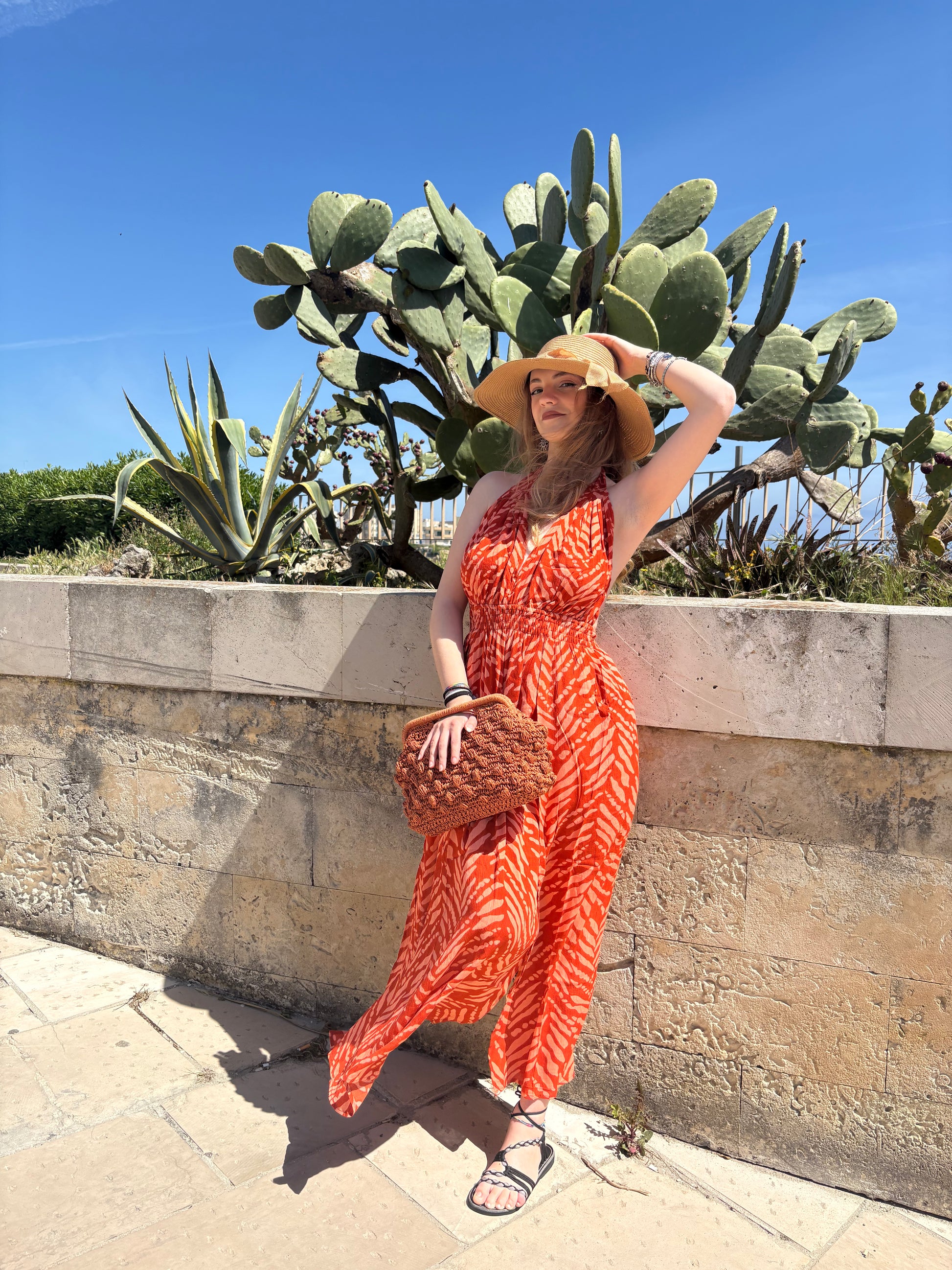Long Halter Dress Coral Red