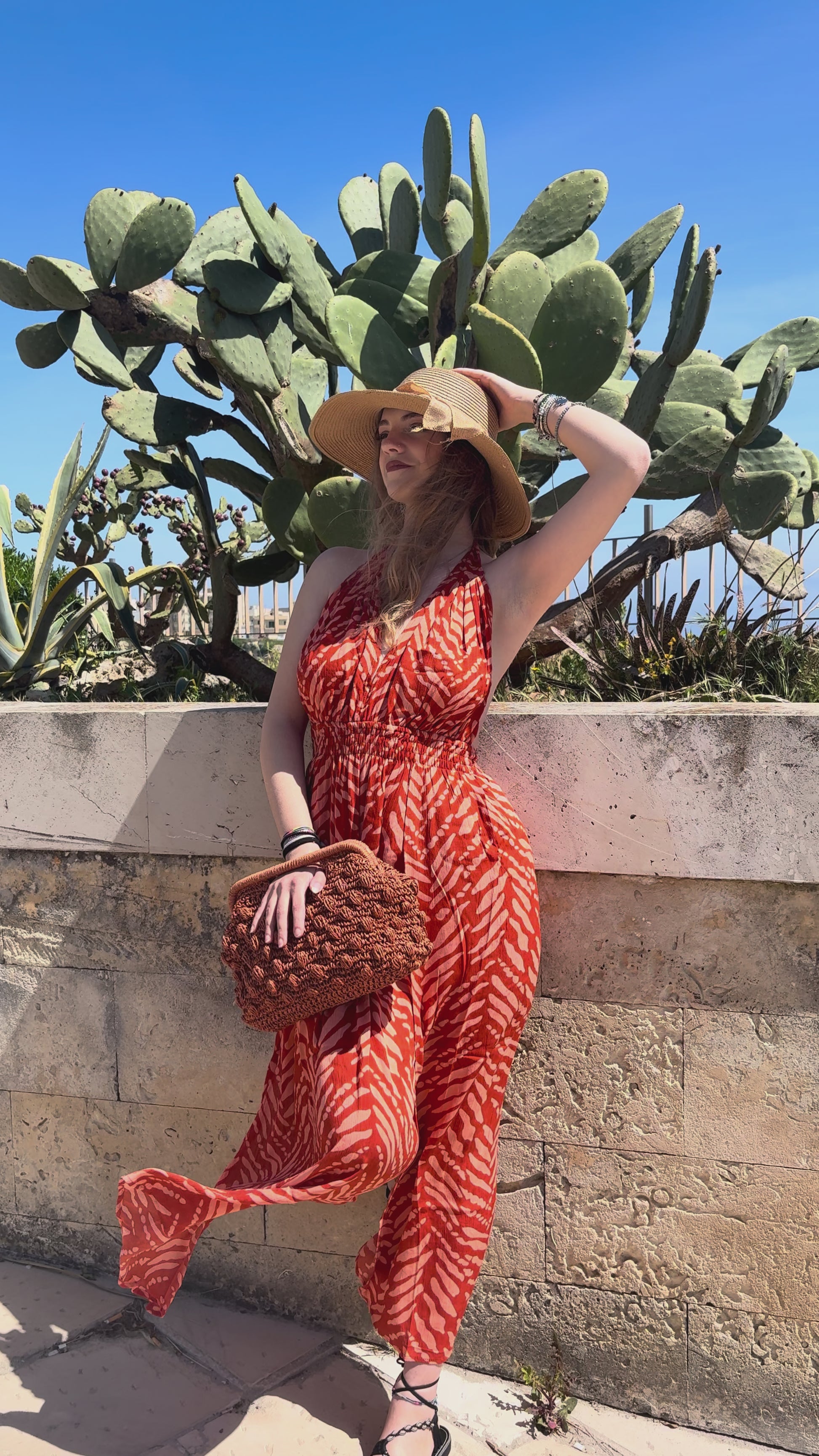 Long Halter Dress Coral Red