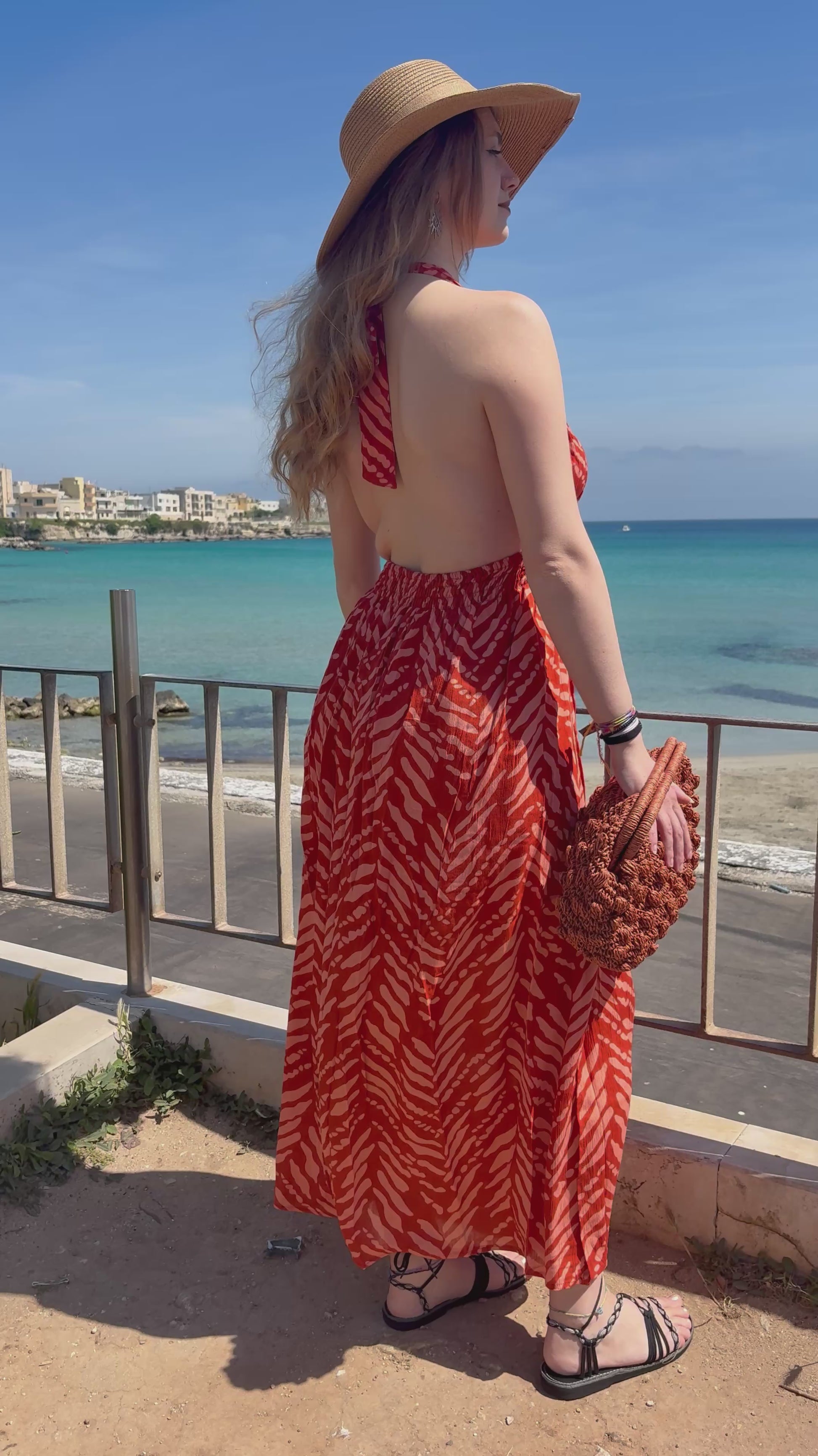 Long Halter Dress Coral Red