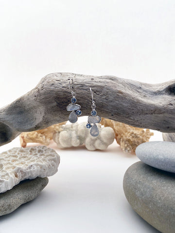 Sterling Silver Moon Stone & Blu Topaz Natural Stone Drop Earrings - edocollection