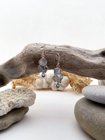 Sterling Silver Rough Cut Moon Stone & Aquamarine Drop Earrings - edocollection